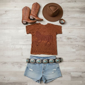 Vintage 80s 90s Brown Embroidered Horse Sun T Shirt Top Plus Size Volup